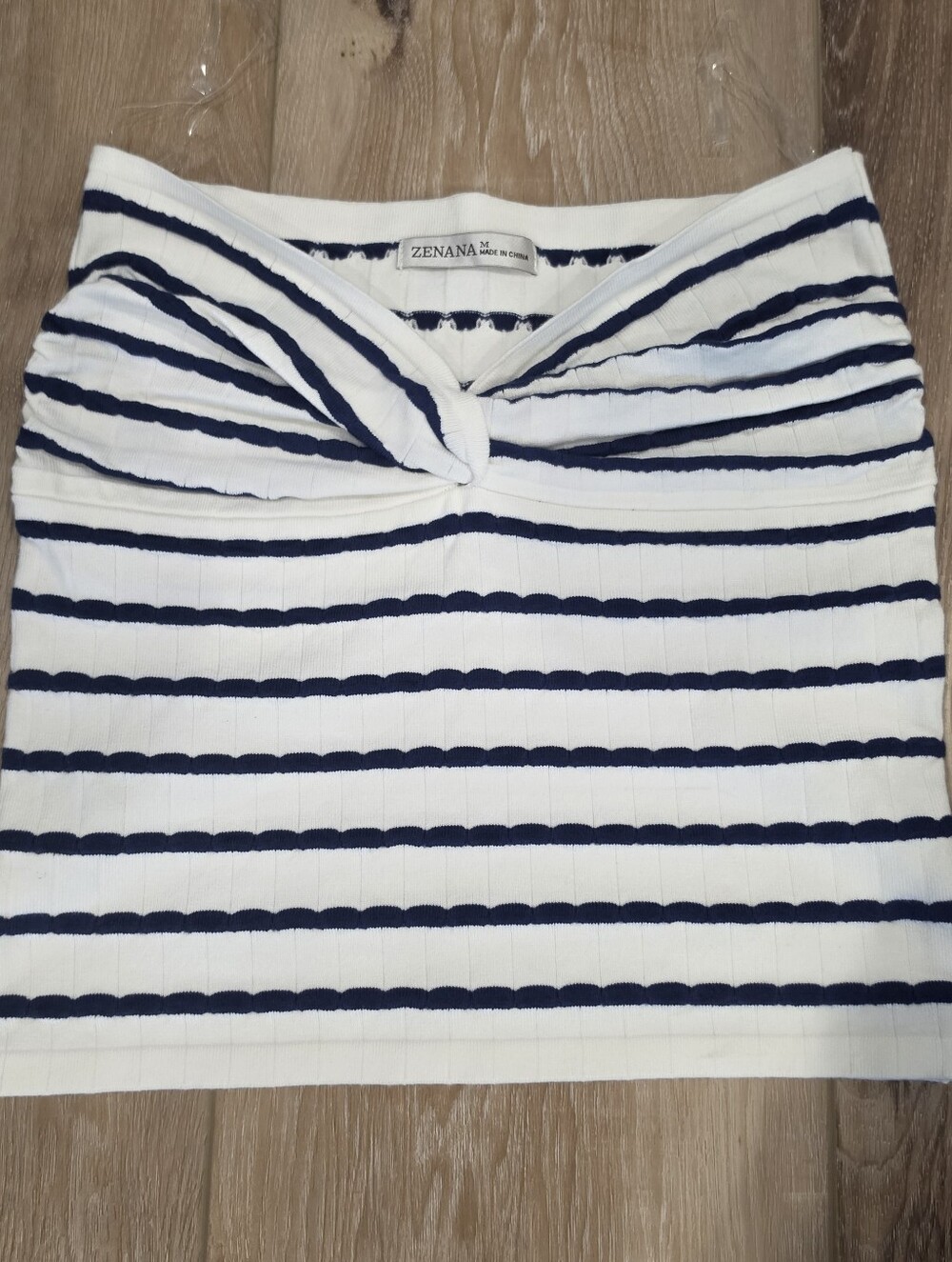 Zenana Outfitters White & Navy Striped Knot Style Top